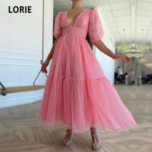 LORIE Vintage Prom Dresses V-Neck Short Sleeves A-Line Tulle Tea Length Party Gown Bohemian 1950 Christmas Robes de cocktail