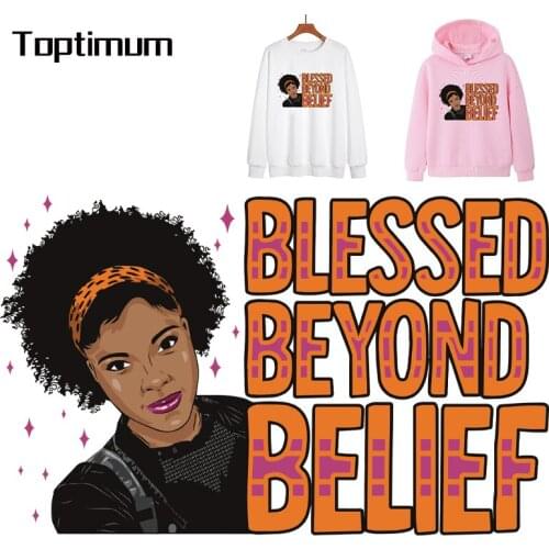 Fashion afro lady blessed beyond applique Iron-on transfers for clothing heat transfer stickers iron on patches Washable
