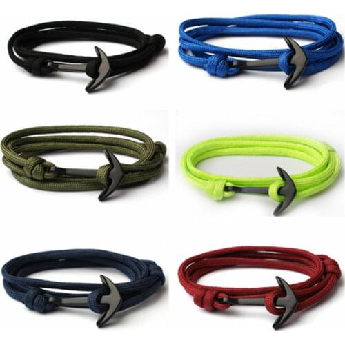 Mens Black Anchor Polyester Rope Multiple Layers Weave Wrist Bracelet Jewelry