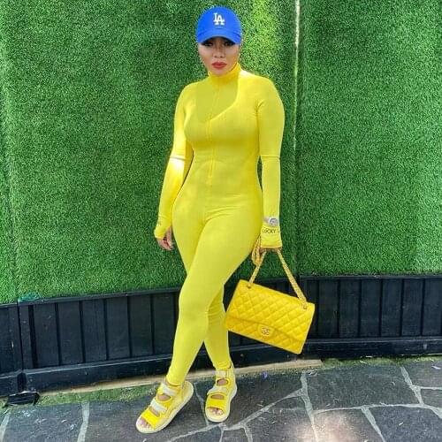 Neon Yellow Letter Embroidery Rib Knit Jumpsuit Turtleneck Long Sleeve Stretch Skinny Romper Streetwear Bodycon Sheath Outfits