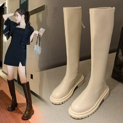 Slim Flat Thigh High Boots Platform Women Slim Thick Sole Knee-High Boots Women Shoes Black Winter Long Motorcycle Boots Women