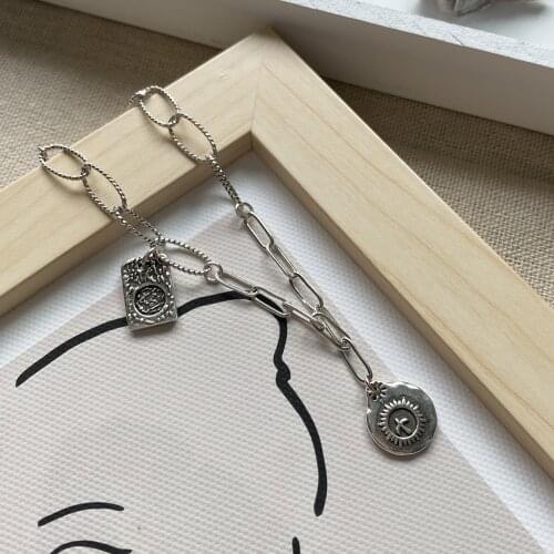 925 Silver Womens Necklace Retro Square Brand Round Brand Irregular Pattern Necklace Personality Punk Style Clavicle Chain