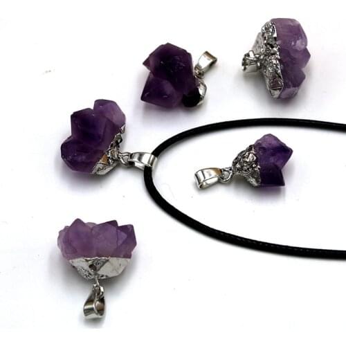 Natural Flower Design Purple Druzy Pendant with Silvertone Plating with PU Cord 18inch Electroplated