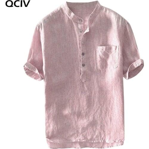 Mens Shirt New Baggy Stripe Cotton Linen Short Sleeve Button Pocket Shirts Tops Blouse Male Dress Shirt Camisa Masculina