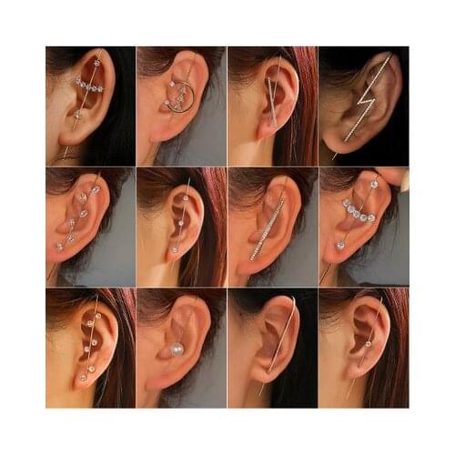 Inlaid Crystal Leaves Lightning Shape Simple Piercing Ear Needles Ear Wrap Crawler Female Auricle Style Diagonal Stud Earrings