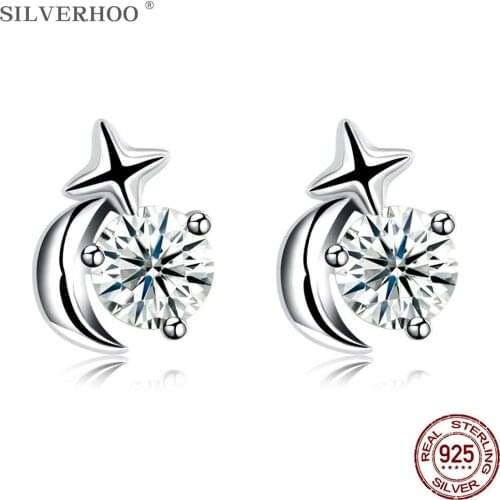 SILVERHOO Sterling Silver 925 Jewelry Earring For Women Moon And Star Pretty Round Zircon CZ Stud Earrings Unique Design Gift