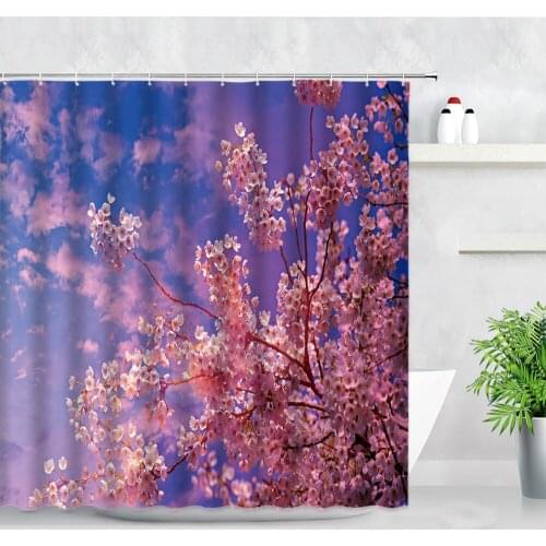 Pink Cherry Blossom Natural Floral Shower Curtains Waterproof Bath Screens Flowers Plant Scenery Bathroom Decor Hanging Curtain