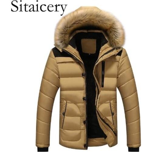 Sitaicery New Winter Man Coat 2021 Khaki Down Jacket Men M-5XL Fur Collar Windproof Zipper Hooded Fashion Warm Jacket Outerwear