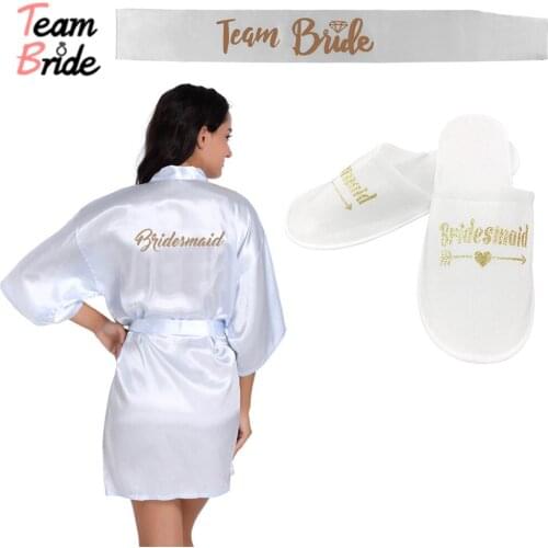 Bride to be 3pcs/lot of Glitter Gold Bride Satin Short Bride Robe Slippers team Bridal Sash Peignoir Women Bridal Party