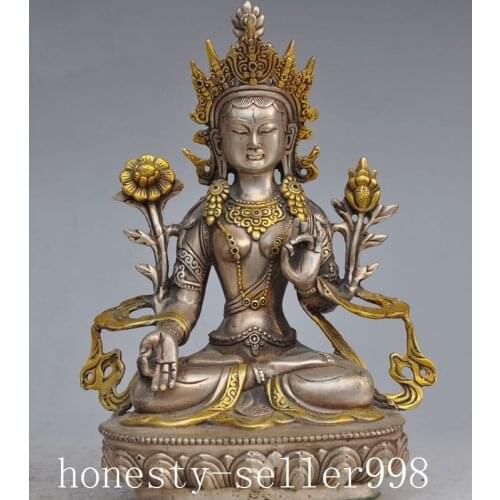9" Tibet Buddhism silver White Tara Kwan-Yin Goddess Bodhisattva Buddha Statue copper tools wedding Decoration Brass