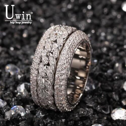 Uwin Rotatable Full Bling Iced Out Cubic Zircon Engagement Rings Luxury Fashion Jewelry For Women Gift Couple Rings Wholesale