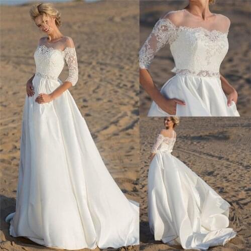 Vintage Half Sleeves A-Line Satin Pleated Lace Appliques Wedding Dresses With Ribbon Long Bridal Gowns Custom Made Spring