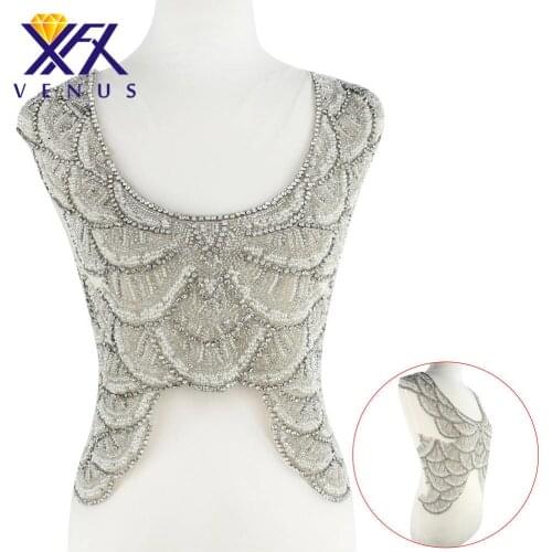 XINFANGXIU Handmade sew on rhinestone crystal patches with beads pearls diamonds beading embroidery embellishment for weddinG