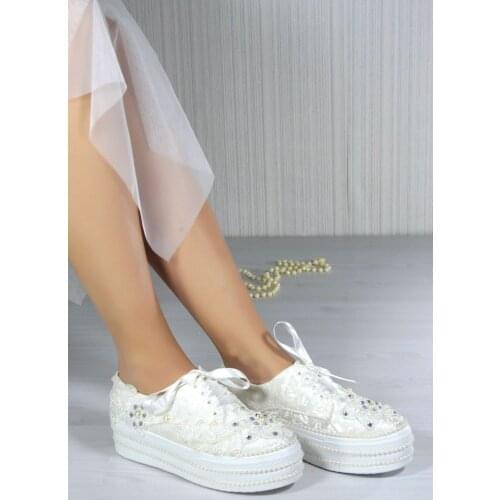 Julia Ladies Bridal Women Pearl Lace Floral Luxury Crystal Handmade Fashion Platform High Heel White Wedding Shoes