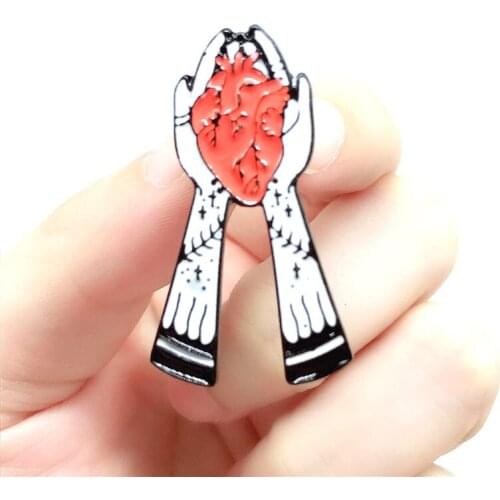 Hands holding red heart pins scar terrible hand blood vessel halloween cartoon brooches gift for woman man fashion