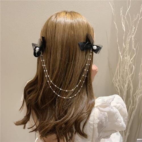 Hair Clips with Detachable Chains Hair Jewelry Black Women Bow Barrettes Hairpins for Birthday Party 2021