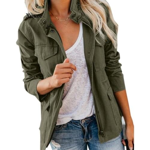 2021 Autumn and Spring Womens Jacket Zipper Jacket Streetwear Jacket Stand-Up Collar Windbreaker Green Military Jacket