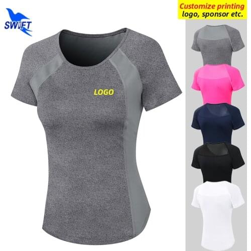 Customized LOGO Women Short Sleeve Running Shirts Quick Dry Yoga Sports Tops Elastic Gym Fitness Sportswear T-Shirt Breathable
