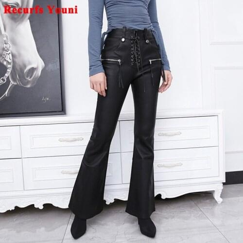 Women Tight-Fitting Stretch Flared Trousers Female High-Waist Drawstring Straps Slimming Genuine Leather Casual Chic Wrap Pants