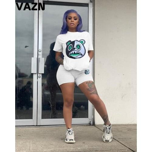 VAZN New product 2020 summer sexy lady 3 color s2-piece short set short sleeve O-neck T shirt shorts set cartoon bears chic sets