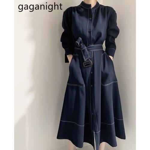 Gaganight Vintage Elegant Women Maxi Bodycon Dress Fashion Office Lady Solid A Line Trench Dresses Chic Korean Vestidos Autumn