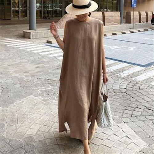 S-XL Korean Style Cotton Linen Women Dress Casual Sleeveless Vestidos Female O Neck Split Maxi Robe Sundress 120859WLA