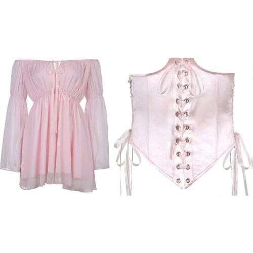 Women Chiffon Casual Dress Flared Long Sleeves Waist Bandage Sundress Party Pink Polyester Skirt for Summer clothing