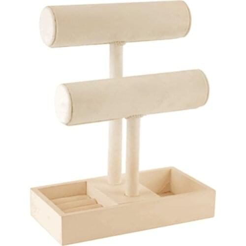 2 Tiers Solid Wood T-Bar Jewelry Stand, Necklace/Bracelet/Watch Display Holder with Ring Tray