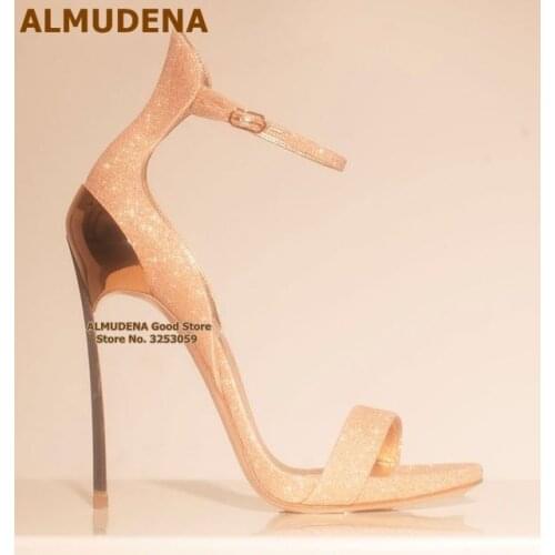 ALMUDENA Metal Blade Heel Sandals Champagne Color Bling Bling Sequined Wedding Shoes Buckle Strap Dress Pumps Stiletto Heels