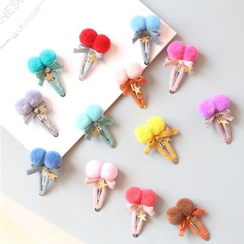 Boutique ins 20pcs Fashion Cute Pom Pom Hairpins Solid Color Ball Bow Snap Clips Barrettes Princess Headwear Hair Accessories