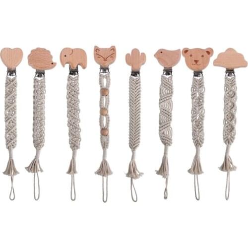Baby Teething Soother Beech Wood Clip Cotton Rope Crochet Pacifier Chain DIY Dummy Nipple Holder Leash Strap