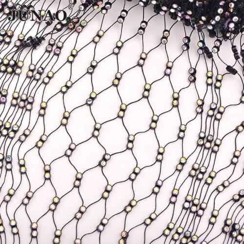 JUNAO 1 Meter Glitter Black AB Hollow Rhinestones Mesh Fabric Sewing Glass Crystal Trim Applique Stretch Strass Net for Dress
