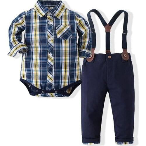 Kimocat Baby Boy Long-Sleeved Suit, Blue Plaid Long-Sleeved Jumpsuit Shirt + Suspender Trousers Casual Suit 6 Months-3 Years