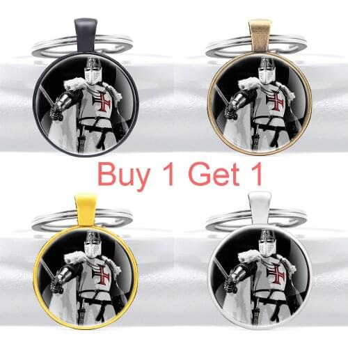 Buy 1 Get 1 Silver Color Crusader Knight Templar Design Glass Cabochon Metal Key Chain Charm Key Ring Jewelry Gifts Keychains