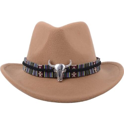 Fashion Men Women Western Cowboy Hat With Cow Head Band Wide Brim Hat Pop Jazz Hat Winter Wool Hat
