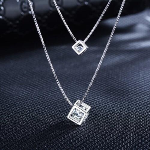 Fashion Rubiks Cube Crystal From Double Pendant Necklace Silver Color CZ Ladies Exquisite Square Candy Jewelry For Women