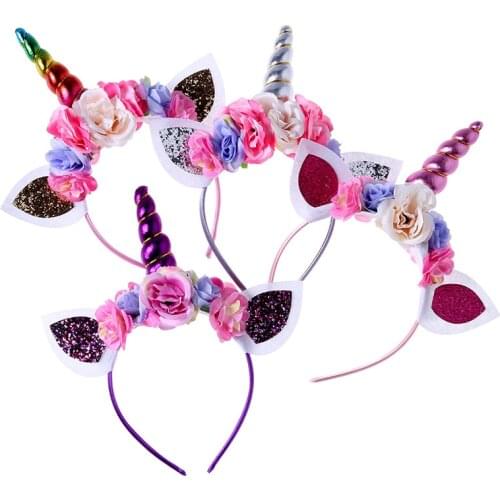 Girls Unicorn Party Hair Accessories Simulation Bead Flower Hairhoop Tiara Children Birthday Party Cat Ears Hairbands Decor