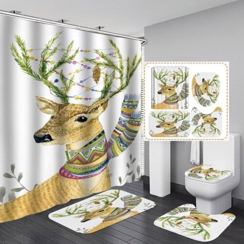 Cartoon Deer Cute Shower Curtain For Children Bath Animal Print 4 Pieces Set Soft Polyester Fabric Toilet Mat Pad Bathroom Decor