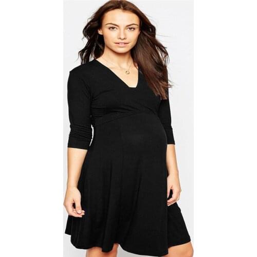 Maternity Women Dresses Summer 3/4 Sleeve Sexy V-neck Knee Length High Elastic Dress New Moms Western Princess Kate Style Dress