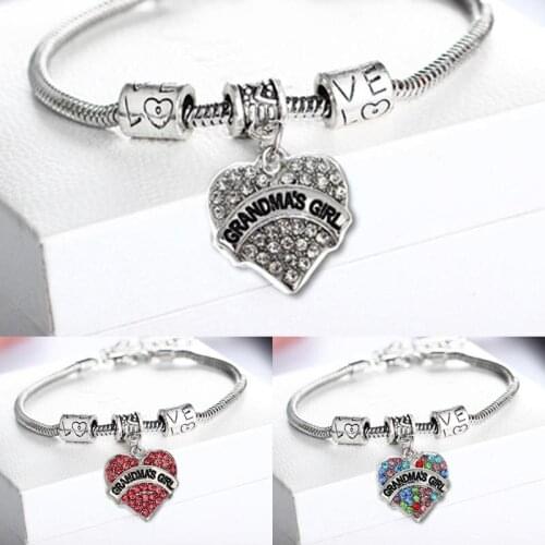 Family Grandmas Girl Retro Bead Heart Crystal Pink Clear Love Grandma Charm Bracelet Gift Pendant Jewelry Bangle Wristband New