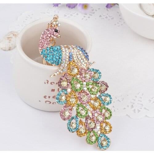 Rhinestone-Crystal KeyChain Rainbow-Peacock Peafowl-Keyring Animal bird-tail-Feather Bag Pendant Car Key Chain Ring