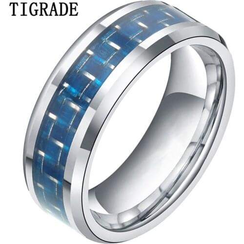 TIGRADE Mens Tungsten Ring 8mm Carbide Blue Carbon Fiber Inlay Wedding Band Engagement Rings For Women New Design