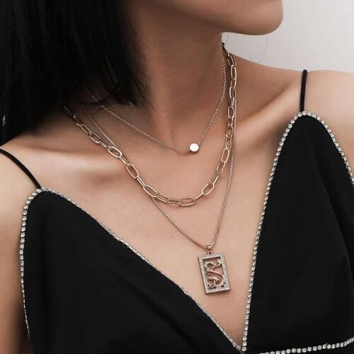 Vintage Punk Thick Chains Rhinestone Dragon Pendant Necklace for Women Multilayer Alloy Geometric Necklaces Pendants Jewelry
