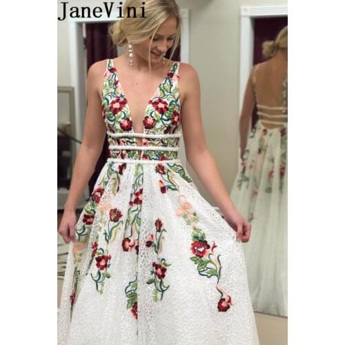 JaneVini Vintage Floral Embroidery Long Prom Dresses Graduation 2020 Elegant V Neck Beaded Lace White Black Evening Party Gowns