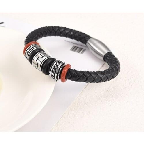 Vintage Style Genuine Leather and Stainless Steel Charm Bangle Bracelet Adjustable Cuff Bangles DIY Fashion Jewelry Bangle