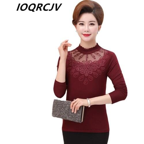 2019 Women T-shirt Spring Autumn Slim Long-Sleeved Lace T-shirt Middle-aged Mother Clothes Plus size Bottoming Thin Tops Ladies