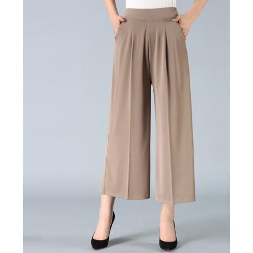 Women Khaki Solid Casual Wide Leg Pant Office Lady High Waist Classic Ankle-length Fashion Pants Trouser Plus Size 5XL M310