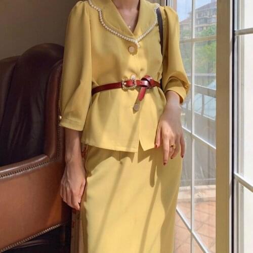 Women Vintage Elegant 2 Two Piece Skirt Set Summer Single Breasted Pearl Lapel Collar Shirt Jacket with High Waist Long Skirt