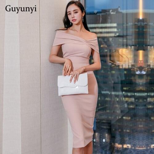 Plain Elegant Office Lady Dress 2021 Spring Simple Sleeveless Off The Shoulder Slash Neck High Waist Tight Dress Women Party