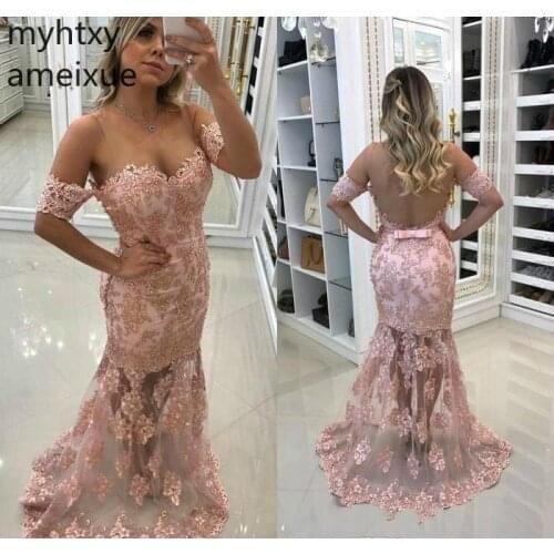 2020 Pink Sexy Prom Dress Mermaid Short Off The Shoulder Sweep Train Backless Pageant Evening Party Event Gown Custom Plus Size